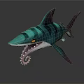Cartoon Striped Shark With Teal Black Color Yellow Eyes And Gear Like Teeth