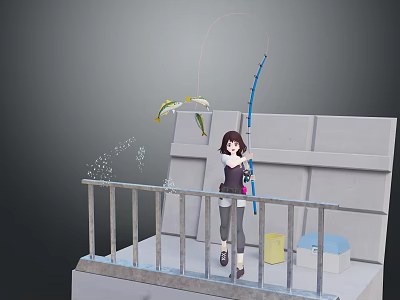 Game Movie Character Fishing On Railing With Two Fish On Hook And Background Boxes 3d model