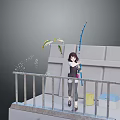 Game Movie Character Fishing On Railing With Two Fish On Hook And Background Boxes