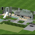 Outdoor Children's Play Area With Slide Green Grass Fence And Play Equipment
