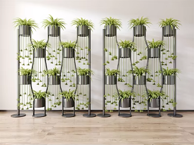 Indoor Vertical Garden Decor With Tiered Metal Stands And Hanging Green Plants 3d model