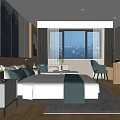 Modern Hotel Guest Room With King Bed City View Sofa And Wooden Floor