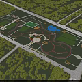 Park Landscape Design With Green Lawns Circular Track Central Plaza And Blue Pond