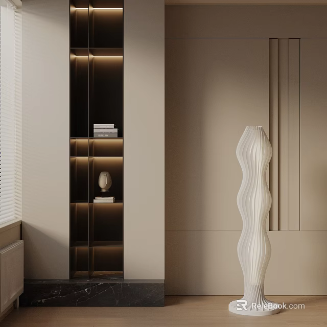 Modern White Wavy Floor Lamp In Minimalist Interior With Illuminated Decorative Shelves 3d model 