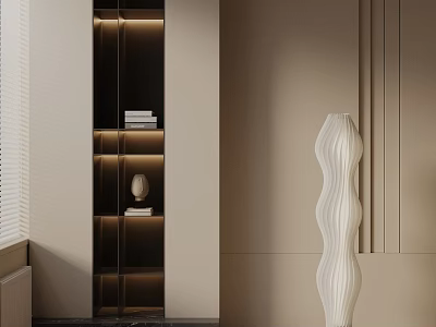 Modern White Wavy Floor Lamp In Minimalist Interior With Illuminated Decorative Shelves 3d model