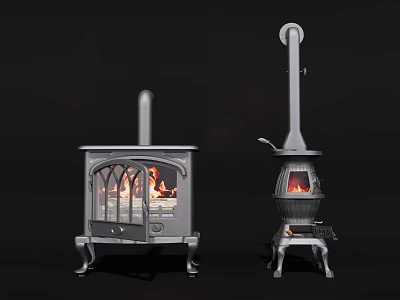 Modern Metal Fireplaces With Glass Door And Tall Chimney Featuring Burning Fire 3d model