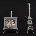 Modern Metal Fireplaces With Glass Door And Tall Chimney Featuring Burning Fire 3d model