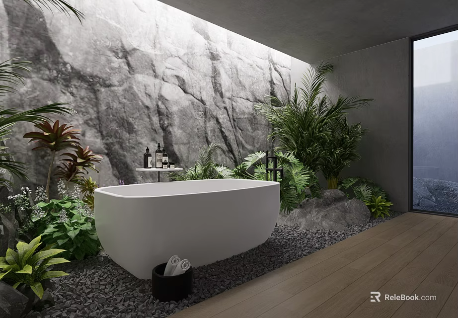 Modern Bathroom Interior Featuring White Bathtub Rock Wall Green Plants And Wooden Floor 3d model 