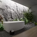 Modern Bathroom Interior Featuring White Bathtub Rock Wall Green Plants And Wooden Floor