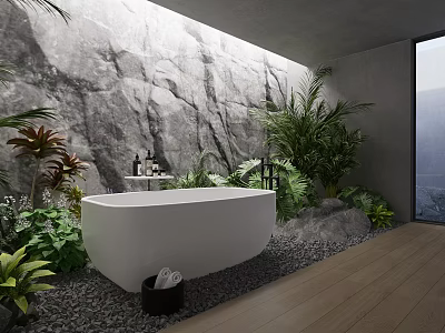 Modern Bathroom Interior Featuring White Bathtub Rock Wall Green Plants And Wooden Floor 3d model