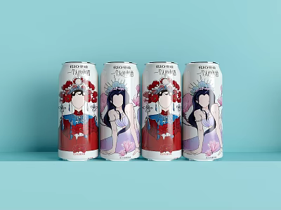 Four Beverage Cans With Female Character Design In Red And Purple On Light Blue Background 3d model