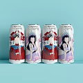 Four Beverage Cans With Female Character Design In Red And Purple On Light Blue Background