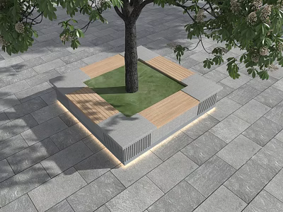 Modern Tree Pit Design With Stone Bench And Illuminated Paved Ground 3d model