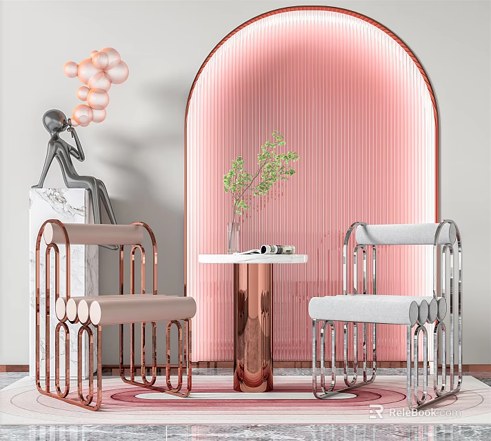 Modern Luxury Leisure Sofa Combination with Pink Background Metal Frame Chairs Small Table Green Plants 3d model 