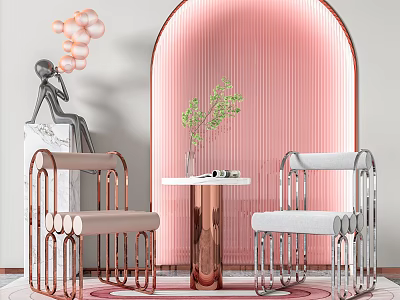 Modern Luxury Leisure Sofa Combination with Pink Background Metal Frame Chairs Small Table Green Plants 3d model