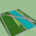 Modern Arched Landscape Bridge With Glass Structure Over Green Grass And Water Under Blue Sky