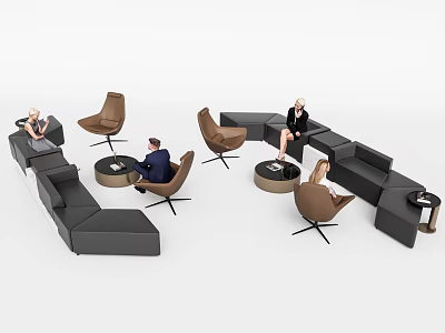 Modern Sofa Coffee Table Combination In Lounge Area With Brown Chairs And People Sitting 3d model