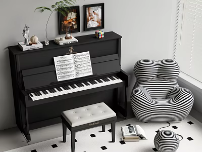 Instruments and Art Supplies with Black Piano Sheet Music Bench Framed Art and Striped Chair 3d model