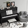 Instruments and Art Supplies with Black Piano Sheet Music Bench Framed Art and Striped Chair