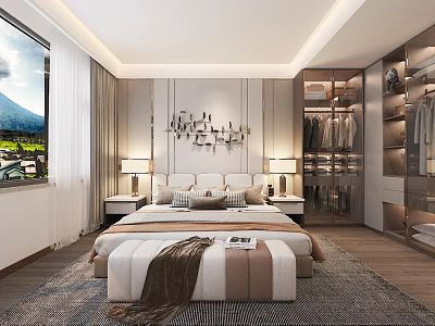 Modern Bedroom Interior Design With Geometric Wall Art Nightstands Table Lamps And Open Closet 3d model