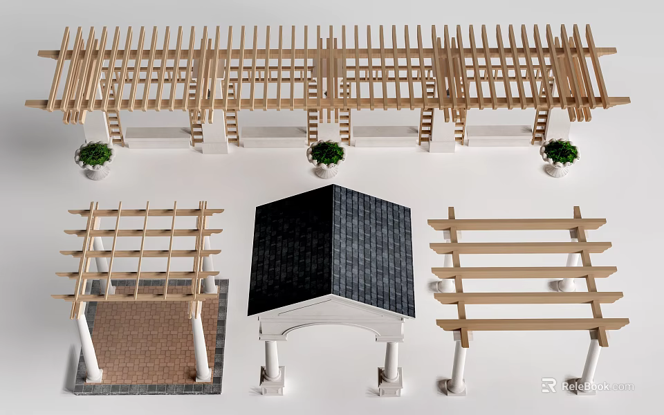 Wooden Pergola And Gazebo Components With Black Roof And Garden Columns 3d model 