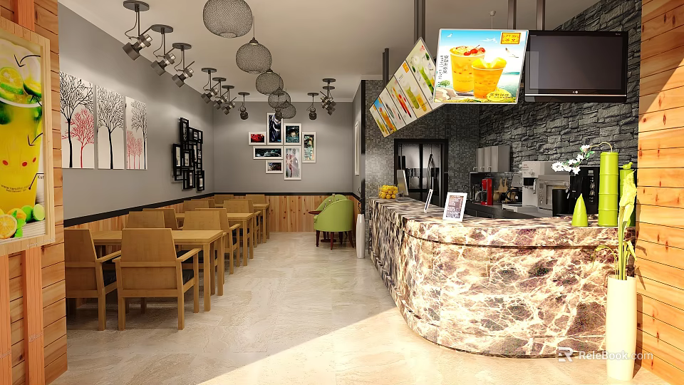 Bubble Tea Shop Interior Featuring Marble Counter Wooden Chairs Hanging Lights And Menu Screens 3d model 