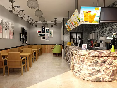 Bubble Tea Shop Interior Featuring Marble Counter Wooden Chairs Hanging Lights And Menu Screens 3d model