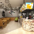 Bubble Tea Shop Interior Featuring Marble Counter Wooden Chairs Hanging Lights And Menu Screens
