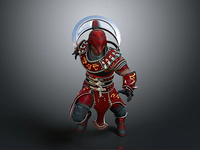 Red Armored Warrior Figure With Golden Decorations And Transparent Dome In Crouching Stance 3d model