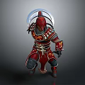 Red Armored Warrior Figure With Golden Decorations And Transparent Dome In Crouching Stance
