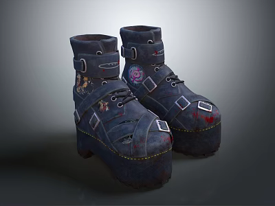 Distressed Blue Platform Boots with Patchwork Straps Embroidered Badges and Worn Details for Retro Style 3d model