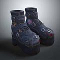 Distressed Blue Platform Boots with Patchwork Straps Embroidered Badges and Worn Details for Retro Style