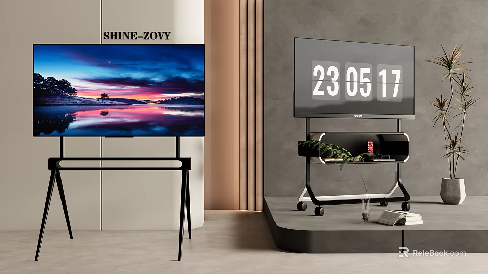 SHINE-ZOVY TVs With Scenic Views And Time Display On Modern Stands In Modern Interior 3d model 