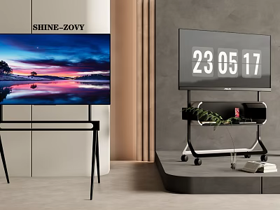 SHINE-ZOVY TVs With Scenic Views And Time Display On Modern Stands In Modern Interior 3d model