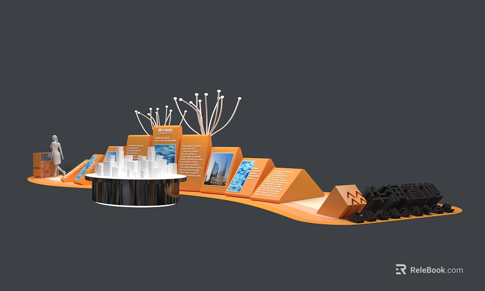 Modern Exhibition Display Setup With Orange Stand White Models And Information Panels 3d model