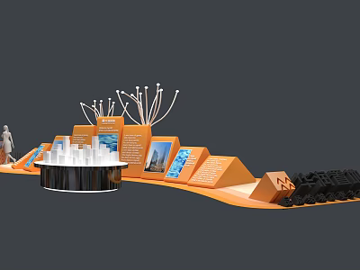 Modern Exhibition Display Setup With Orange Stand White Models And Information Panels 3d model