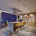 Modern Kitchen Interior With Marble Island Yellow Bar Stools And Night View
