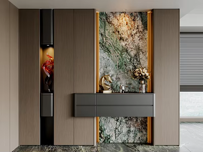 Modern Entryway Interior Design With Decorative Marble Wall And Cabinet Ornaments 3d model