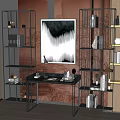 Modern Black Metal Bookshelf With Books Decorations And Wall Art In Interior