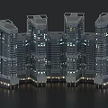 Modern High Rise Office Building With Glass Curtain Walls And Night Lighting