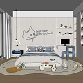 Modern Kids Room Interior With Cartoon Wall Art Bed Toy Car Desk Chair And Rug