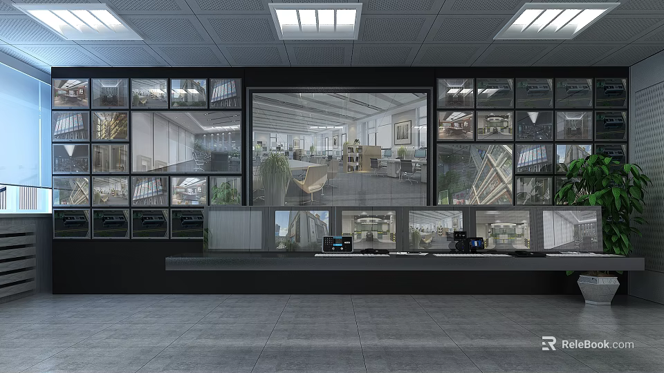 Modern Security Monitoring Room Interior With Surveillance Screens Control Console And Glass Windows 3d model 