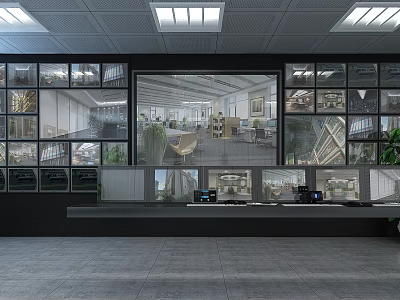 Modern Security Monitoring Room Interior With Surveillance Screens Control Console And Glass Windows 3d model