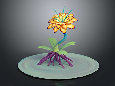 Vibrant Plant Featuring Yellow Orange Flowers Green Leaves Purple Roots on Light Green Circular Base 3d model