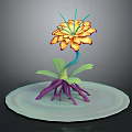 Vibrant Plant Featuring Yellow Orange Flowers Green Leaves Purple Roots on Light Green Circular Base