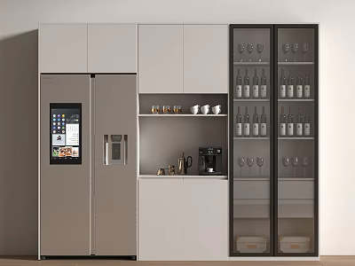Modern Kitchen Interior Featuring Wine Cabinet With Wine Bottles Glasses Refrigerator And Cabinets 3d model