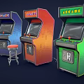 Colorful Vintage Arcade Game Machines In Blue Red Green With Red Stool