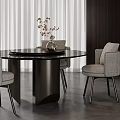 Modern Round Dining Table and Gray Chairs with Black Tabletop and Metal Legs