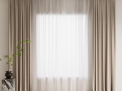 Beige Heavy Curtains With White Sheer Panels For Window Indoor Plant Decor Interior 3d model