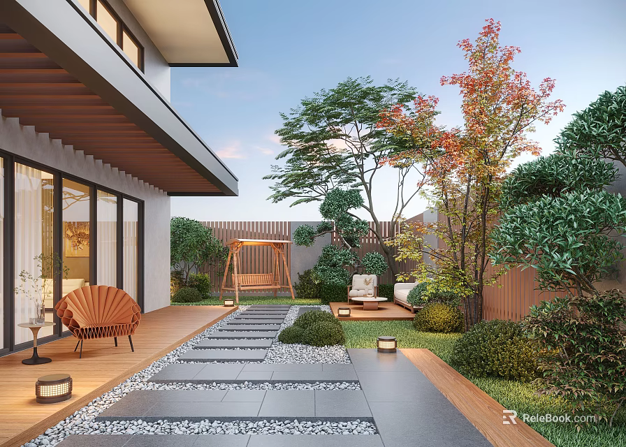Beautiful Courtyard Garden Design With Stone Path Wooden Deck Swing And Green Plants 3d model 
